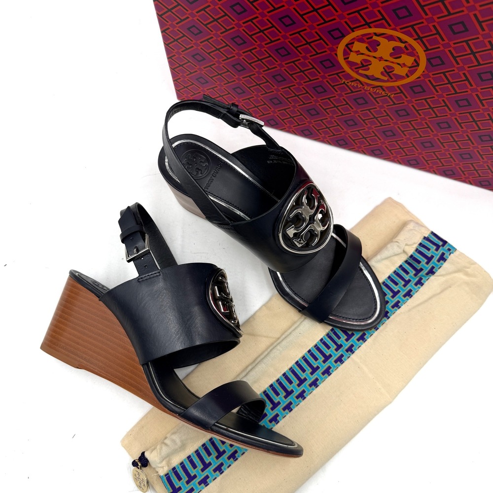 Tory Burch Metal Miller Wedge Sandals Navy Blue Leather Logo Slingback Sz 6
